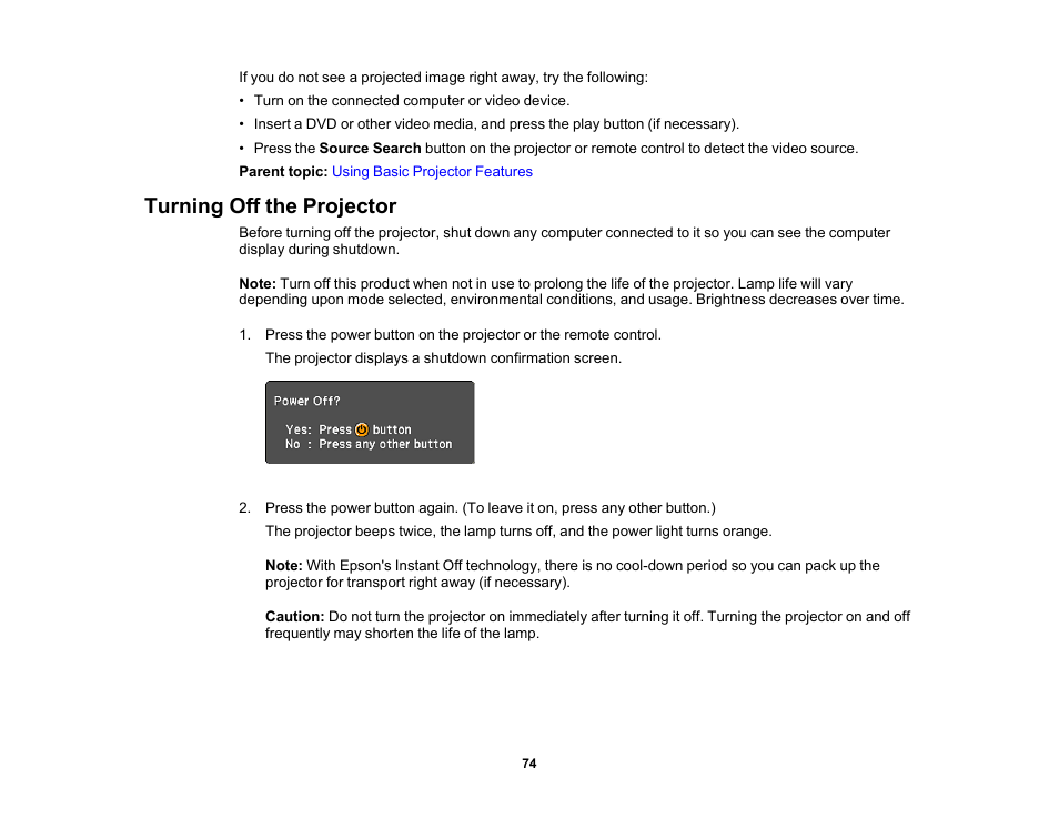 Turning off the projector | Epson 485Wi User Manual | Page 74 / 259