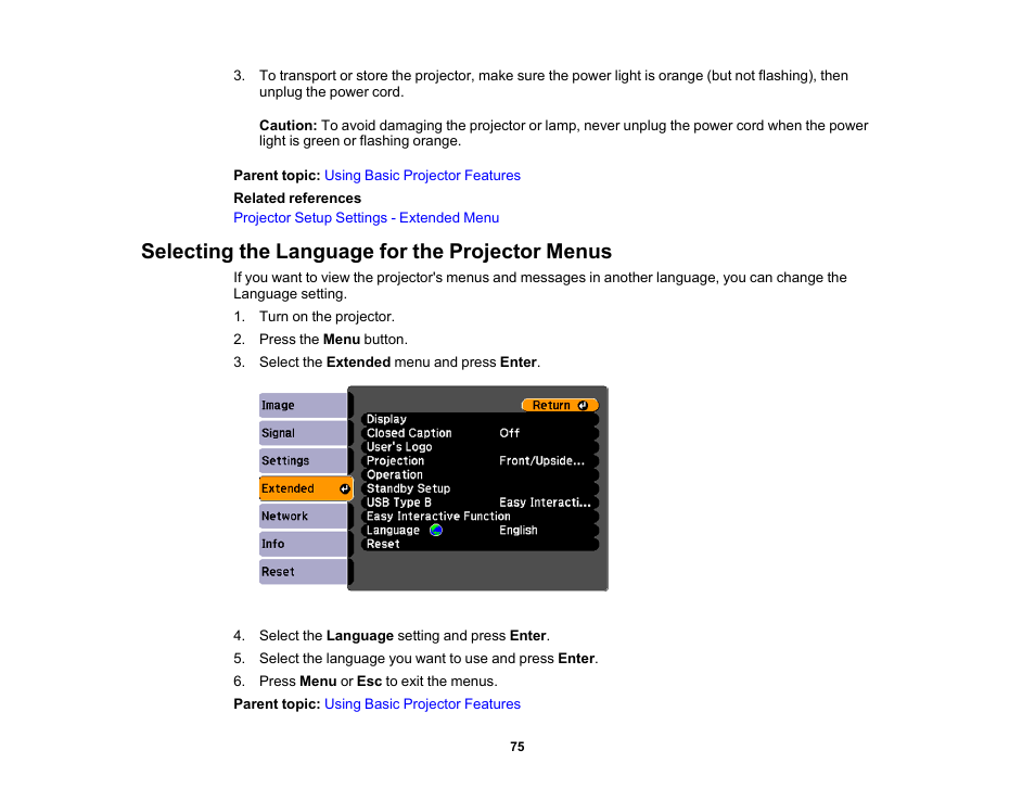 Selecting the language for the projector menus | Epson 485Wi User Manual | Page 75 / 259