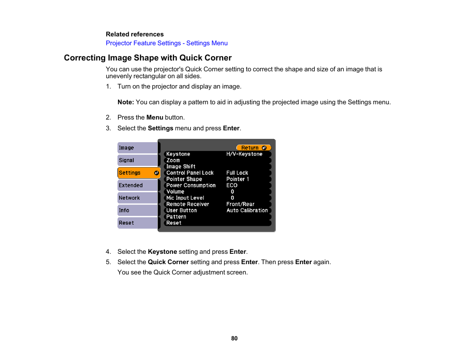 Correcting image shape with quick corner | Epson 485Wi User Manual | Page 80 / 259