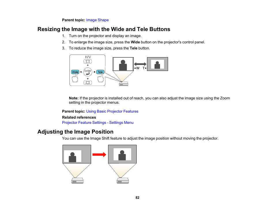 Resizing the image with the wide and tele buttons, Adjusting the image position | Epson 485Wi User Manual | Page 82 / 259
