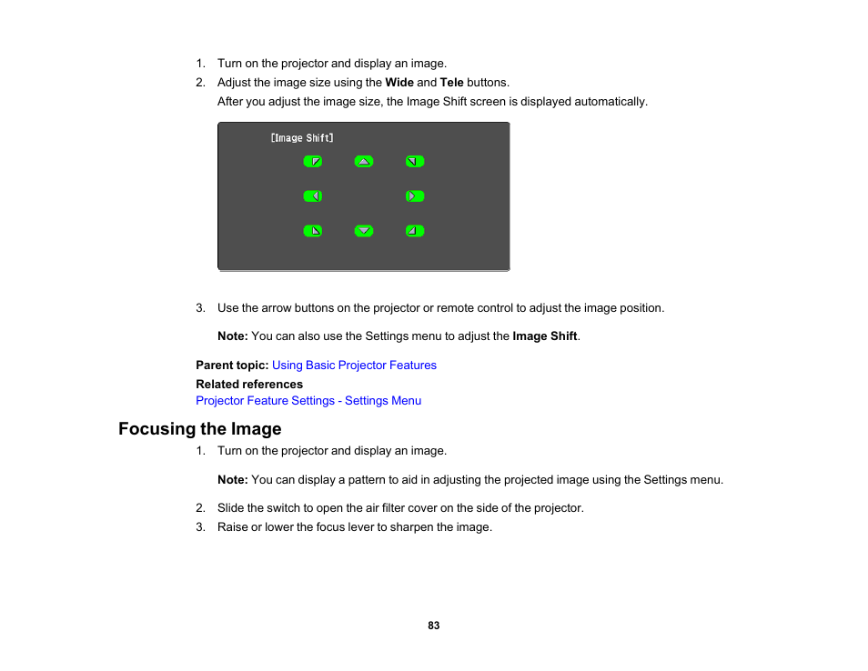 Focusing the image | Epson 485Wi User Manual | Page 83 / 259
