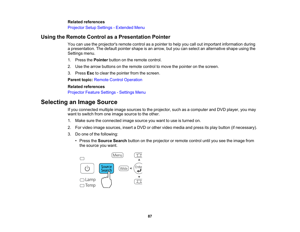 Using the remote control as a presentation pointer, Selecting an image source | Epson 485Wi User Manual | Page 87 / 259
