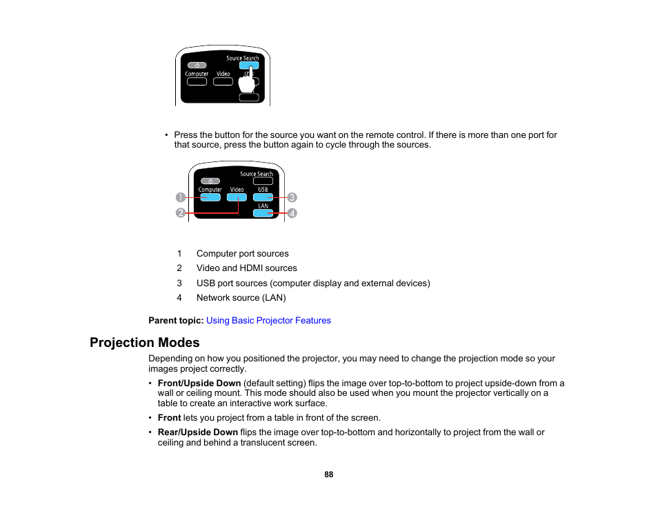 Projection modes | Epson 485Wi User Manual | Page 88 / 259