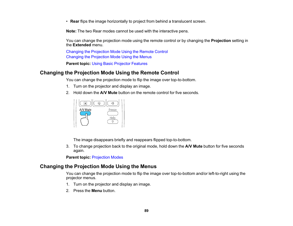 Changing the projection mode using the menus | Epson 485Wi User Manual | Page 89 / 259