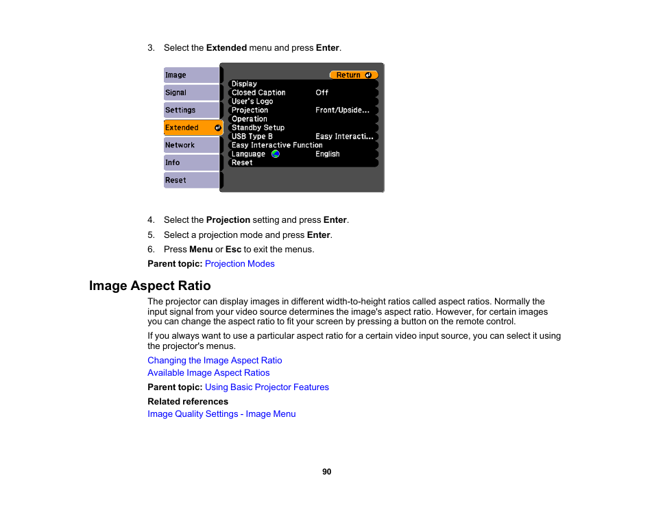 Image aspect ratio | Epson 485Wi User Manual | Page 90 / 259