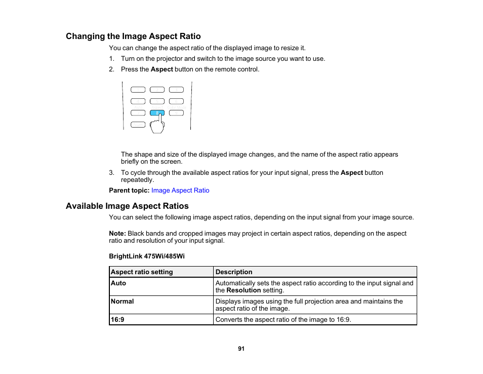 Changing the image aspect ratio, Available image aspect ratios | Epson 485Wi User Manual | Page 91 / 259