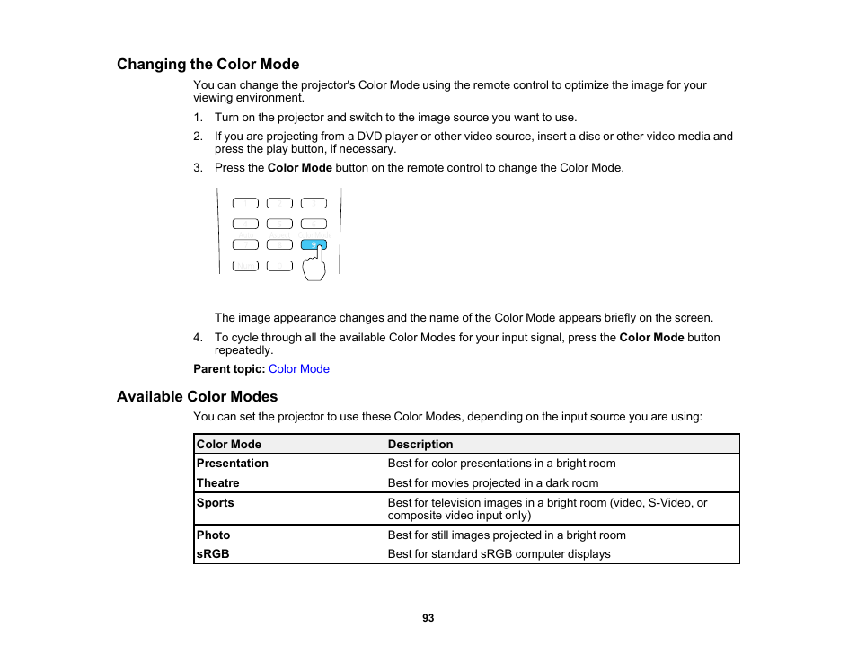Changing the color mode, Available color modes, Changing the color mode available color modes | Epson 485Wi User Manual | Page 93 / 259