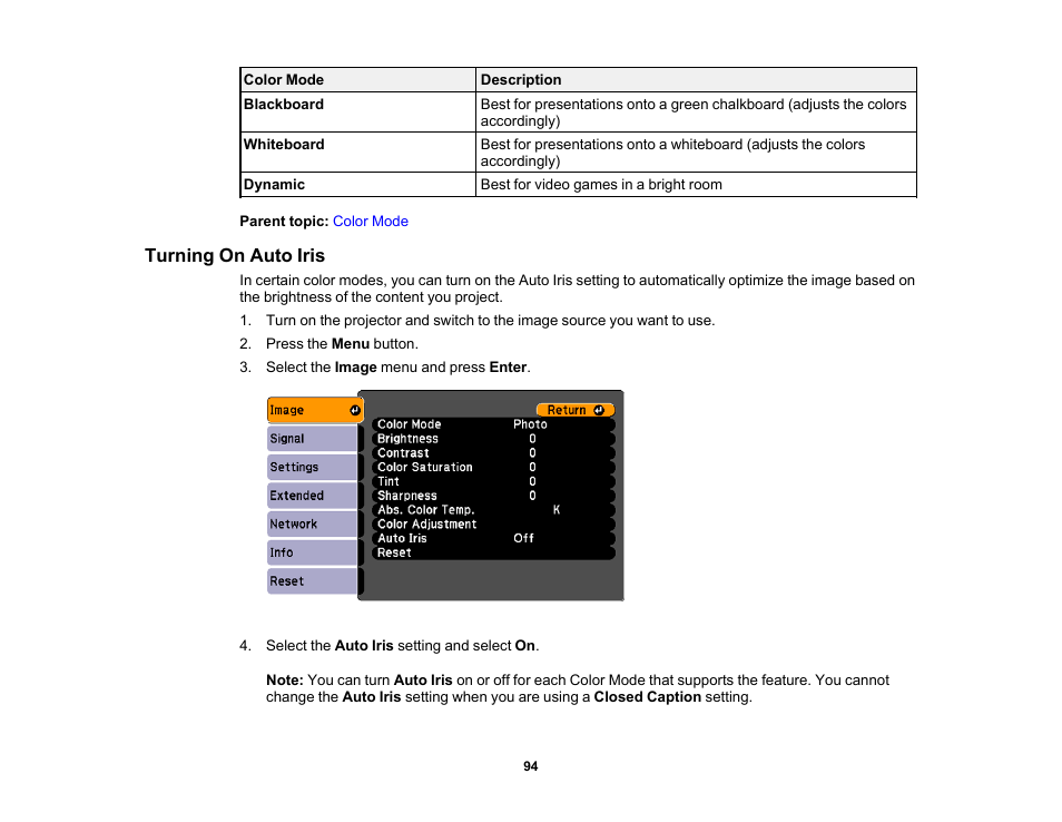 Turning on auto iris | Epson 485Wi User Manual | Page 94 / 259