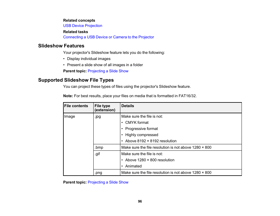 Slideshow features, Supported slideshow file types, Slideshow features supported slideshow file types | Epson 485Wi User Manual | Page 96 / 259