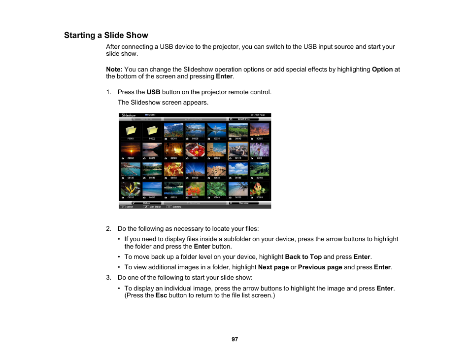 Starting a slide show | Epson 485Wi User Manual | Page 97 / 259