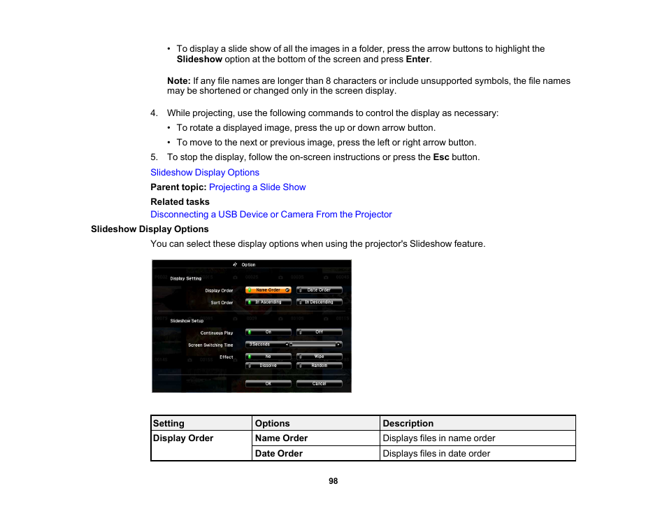 Slideshow display options | Epson 485Wi User Manual | Page 98 / 259