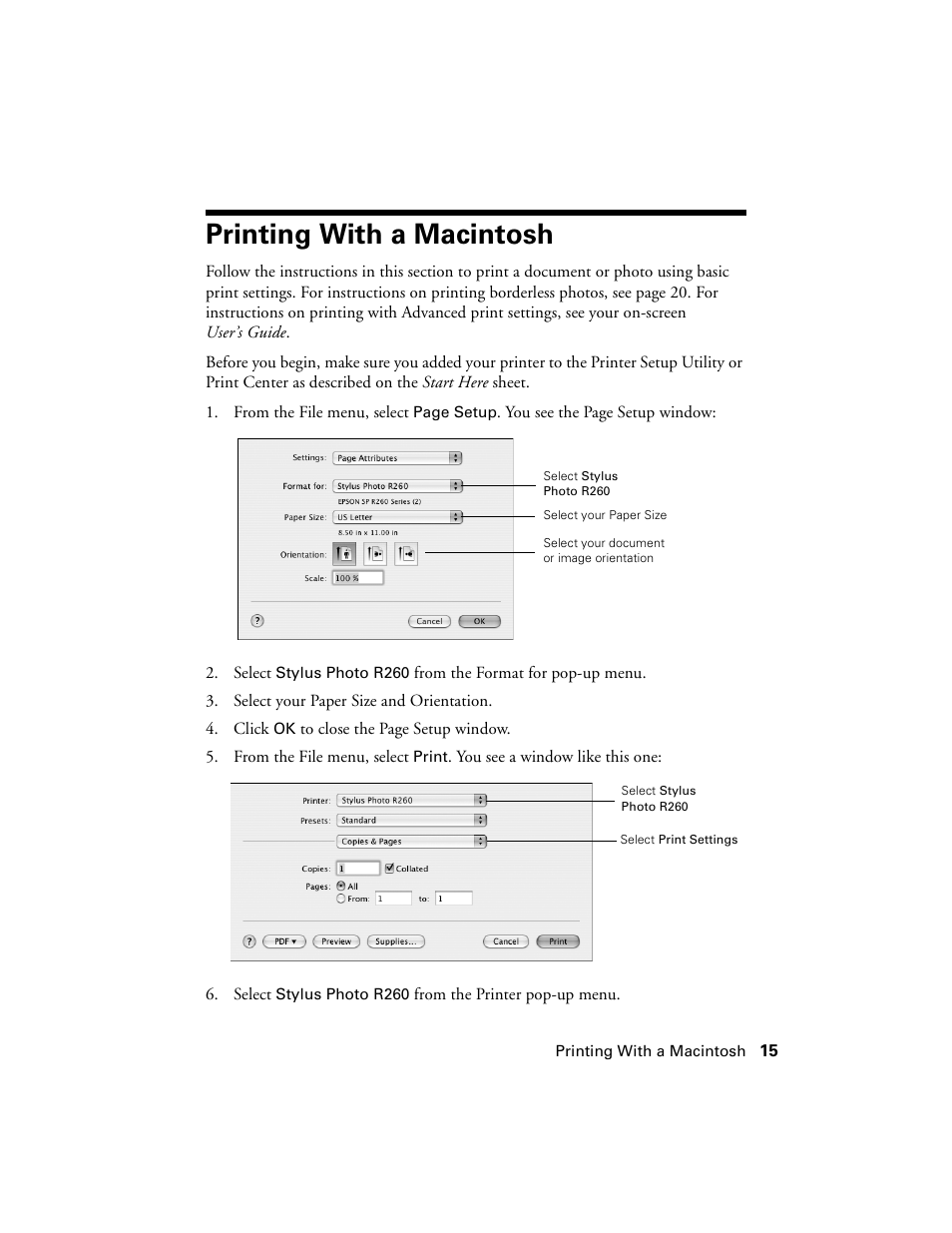 Printing with a macintosh | Epson Ultra Hi-Definition Photo Printer R260 User Manual | Page 15 / 82