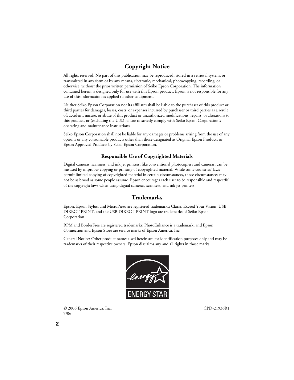 Copyright notice, Trademarks | Epson Ultra Hi-Definition Photo Printer R260 User Manual | Page 2 / 82