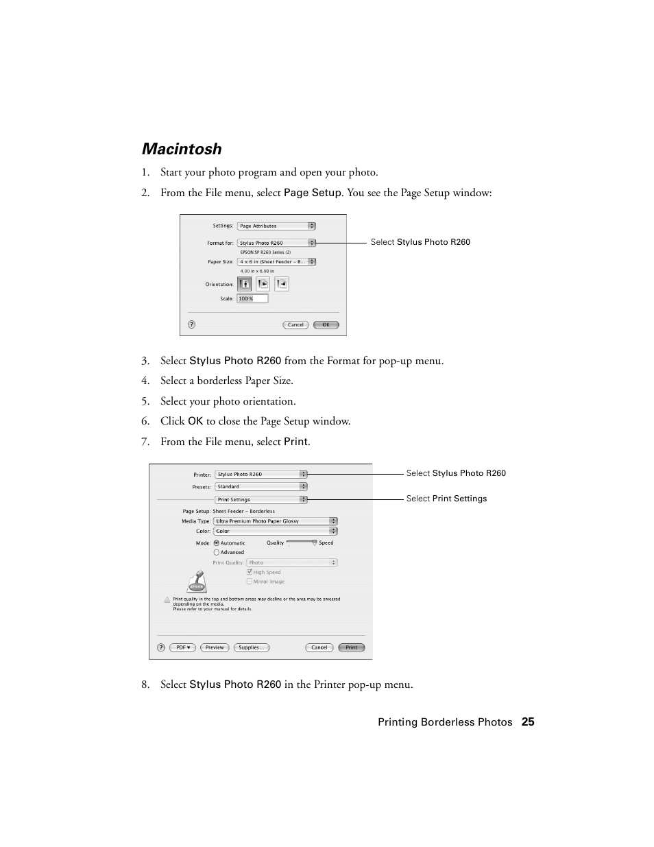 Macintosh | Epson Ultra Hi-Definition Photo Printer R260 User Manual | Page 25 / 82