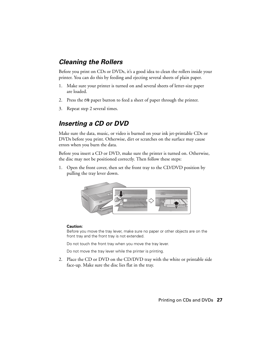 Cleaning the rollers, Inserting a cd or dvd, Cleaning the rollers inserting a cd or dvd | Epson Ultra Hi-Definition Photo Printer R260 User Manual | Page 27 / 82