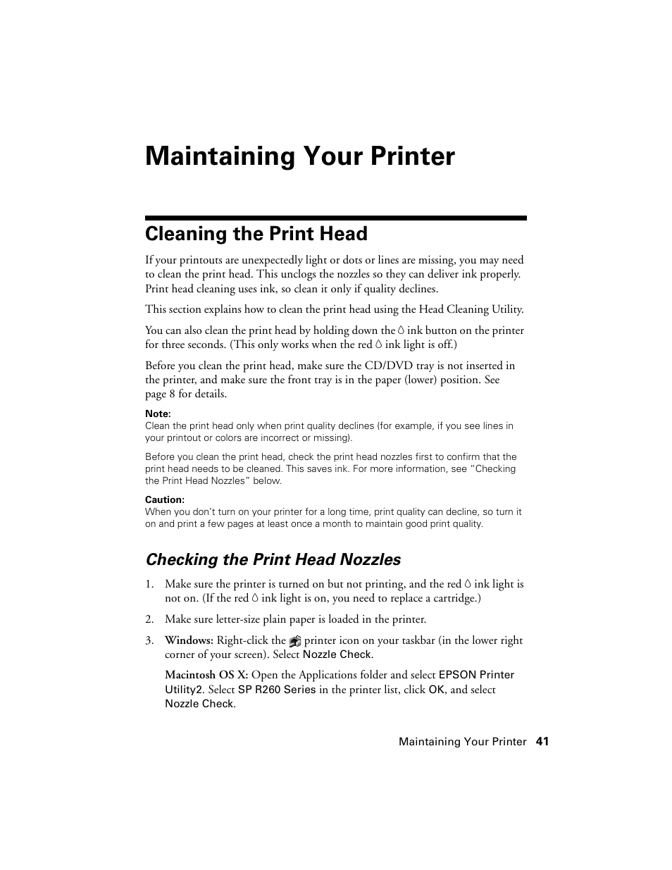 Maintaining your printer, Cleaning the print head, Checking the print head nozzles | Epson Ultra Hi-Definition Photo Printer R260 User Manual | Page 41 / 82