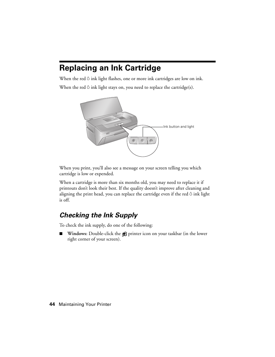 Replacing an ink cartridge, Checking the ink supply | Epson Ultra Hi-Definition Photo Printer R260 User Manual | Page 44 / 82