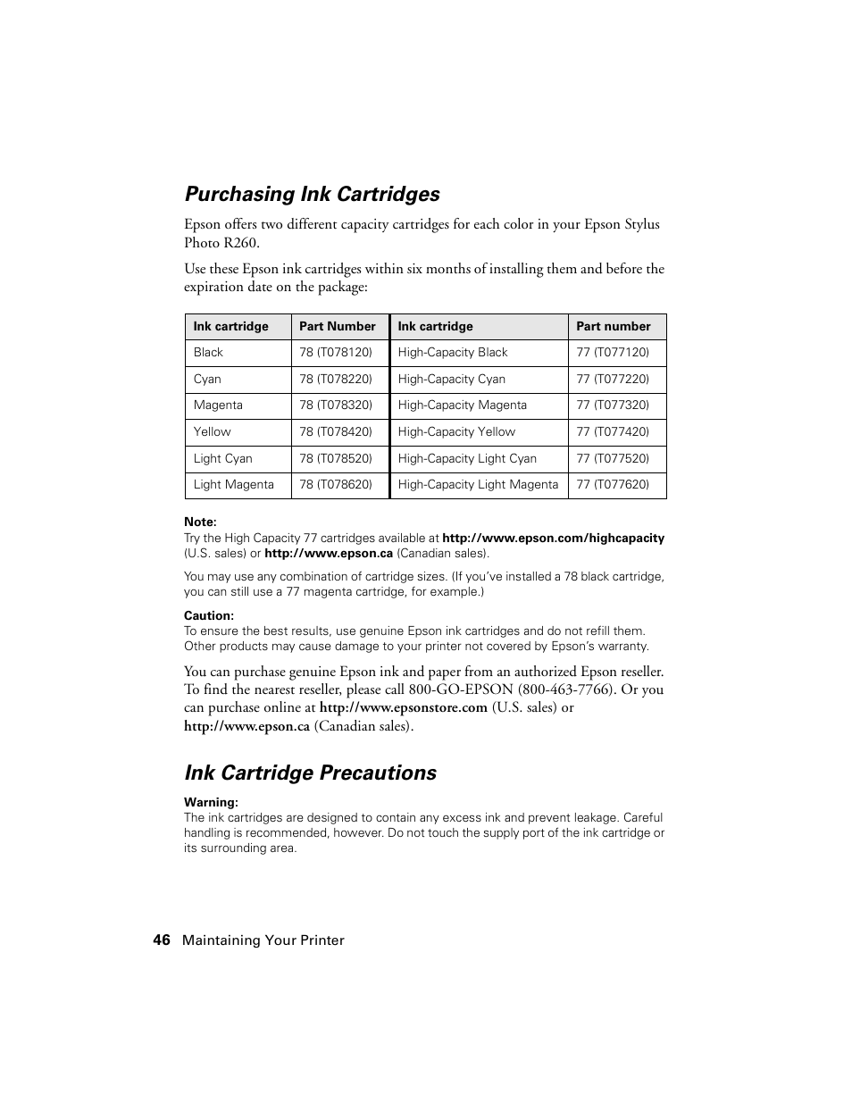 Purchasing ink cartridges, Ink cartridge precautions | Epson Ultra Hi-Definition Photo Printer R260 User Manual | Page 46 / 82