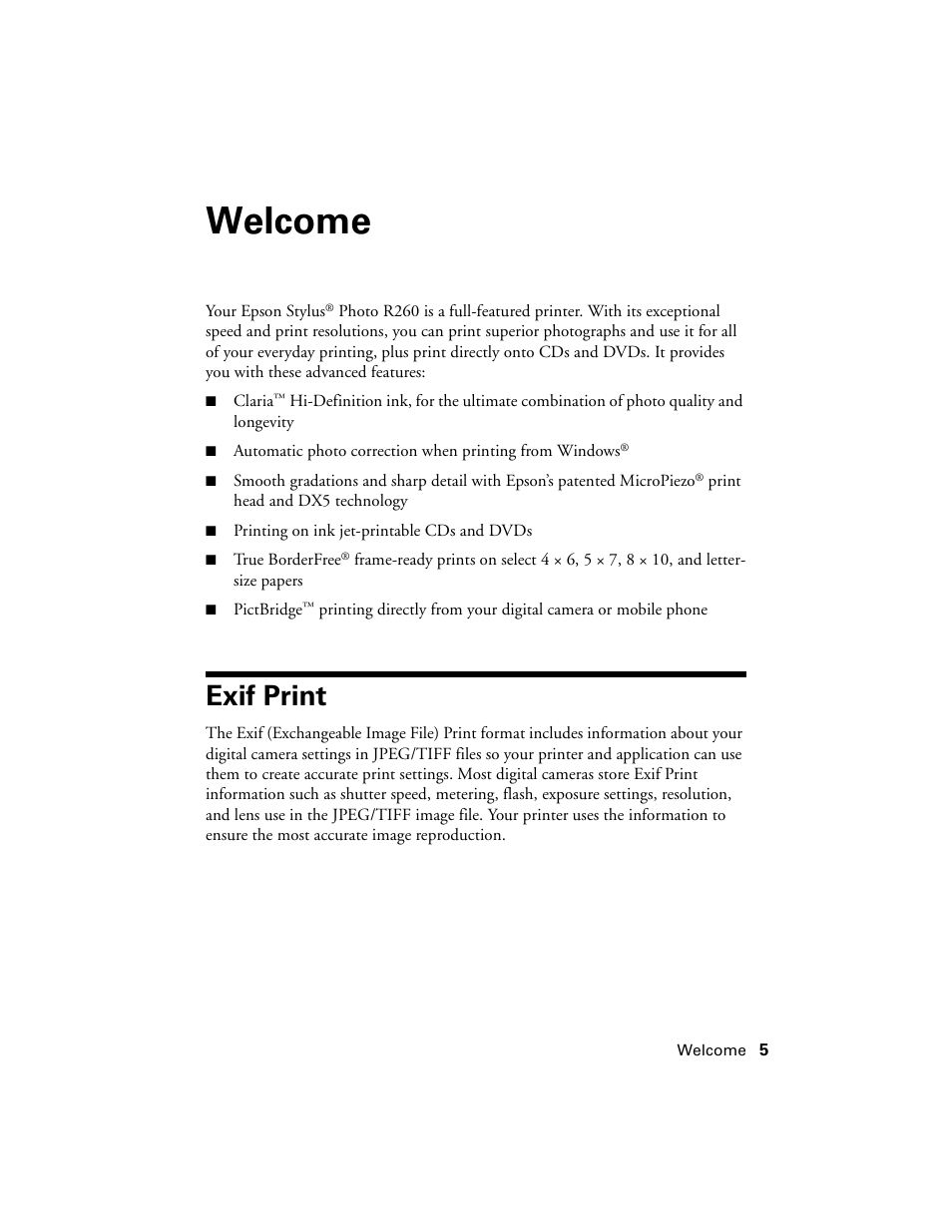 Welcome, Exif print | Epson Ultra Hi-Definition Photo Printer R260 User Manual | Page 5 / 82