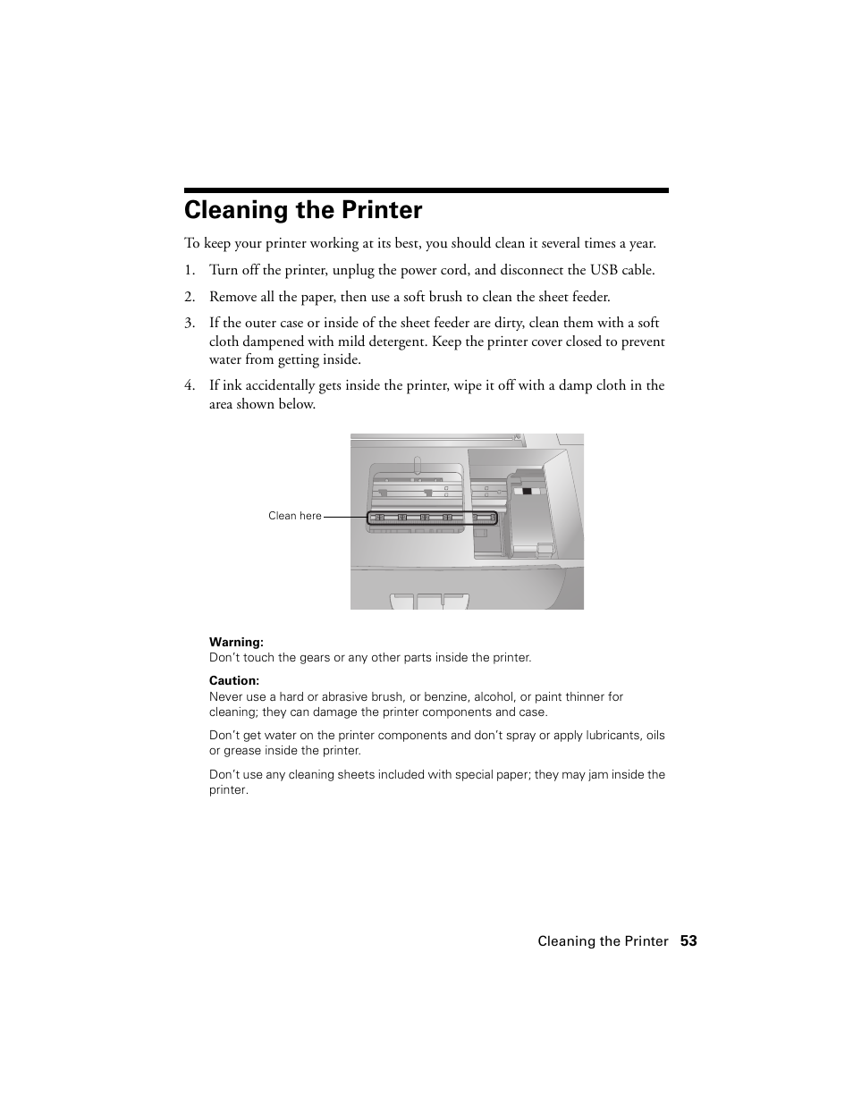 Cleaning the printer | Epson Ultra Hi-Definition Photo Printer R260 User Manual | Page 53 / 82