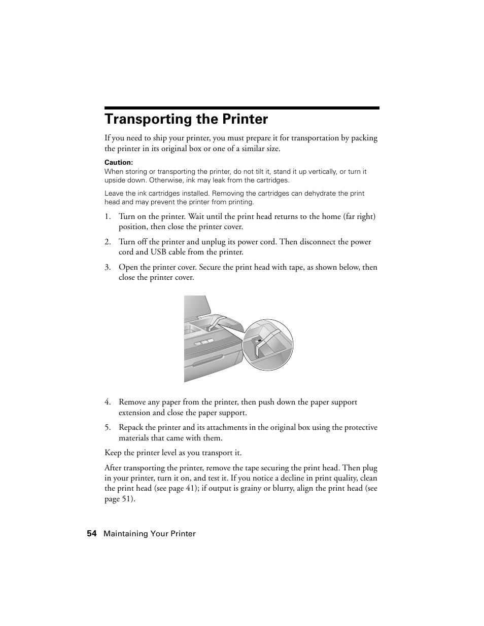 Transporting the printer | Epson Ultra Hi-Definition Photo Printer R260 User Manual | Page 54 / 82