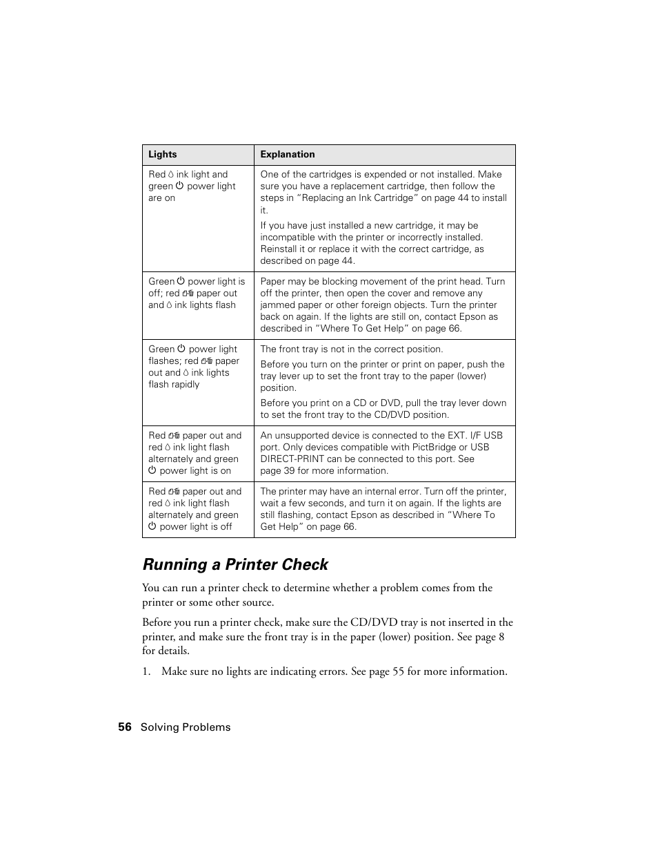 Running a printer check | Epson Ultra Hi-Definition Photo Printer R260 User Manual | Page 56 / 82