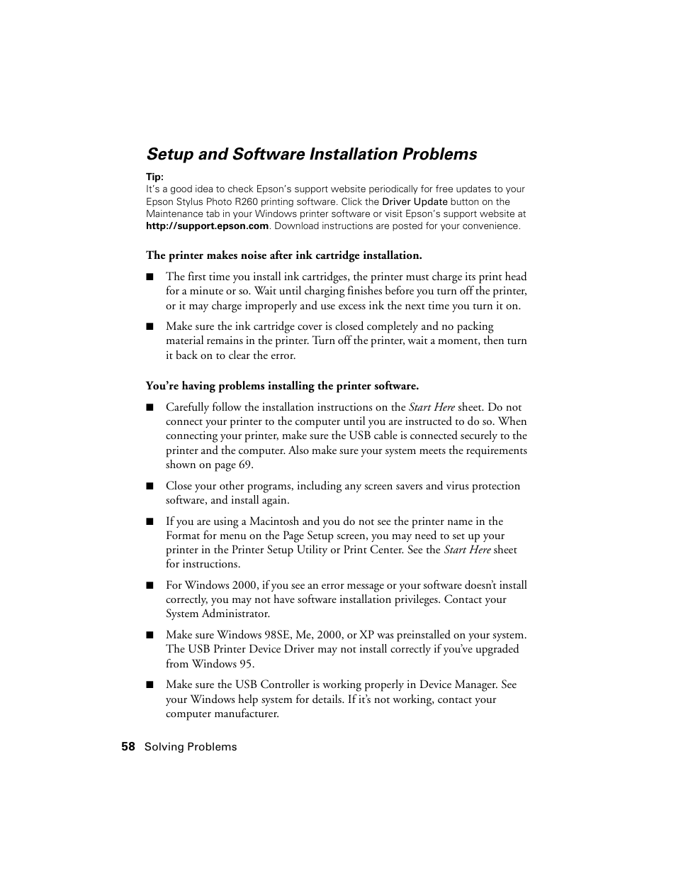 Setup and software installation problems | Epson Ultra Hi-Definition Photo Printer R260 User Manual | Page 58 / 82