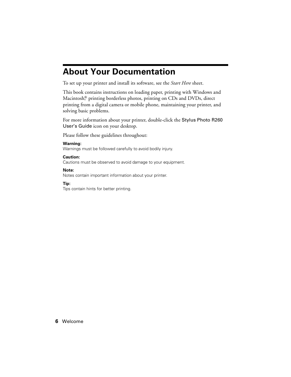 About your documentation | Epson Ultra Hi-Definition Photo Printer R260 User Manual | Page 6 / 82
