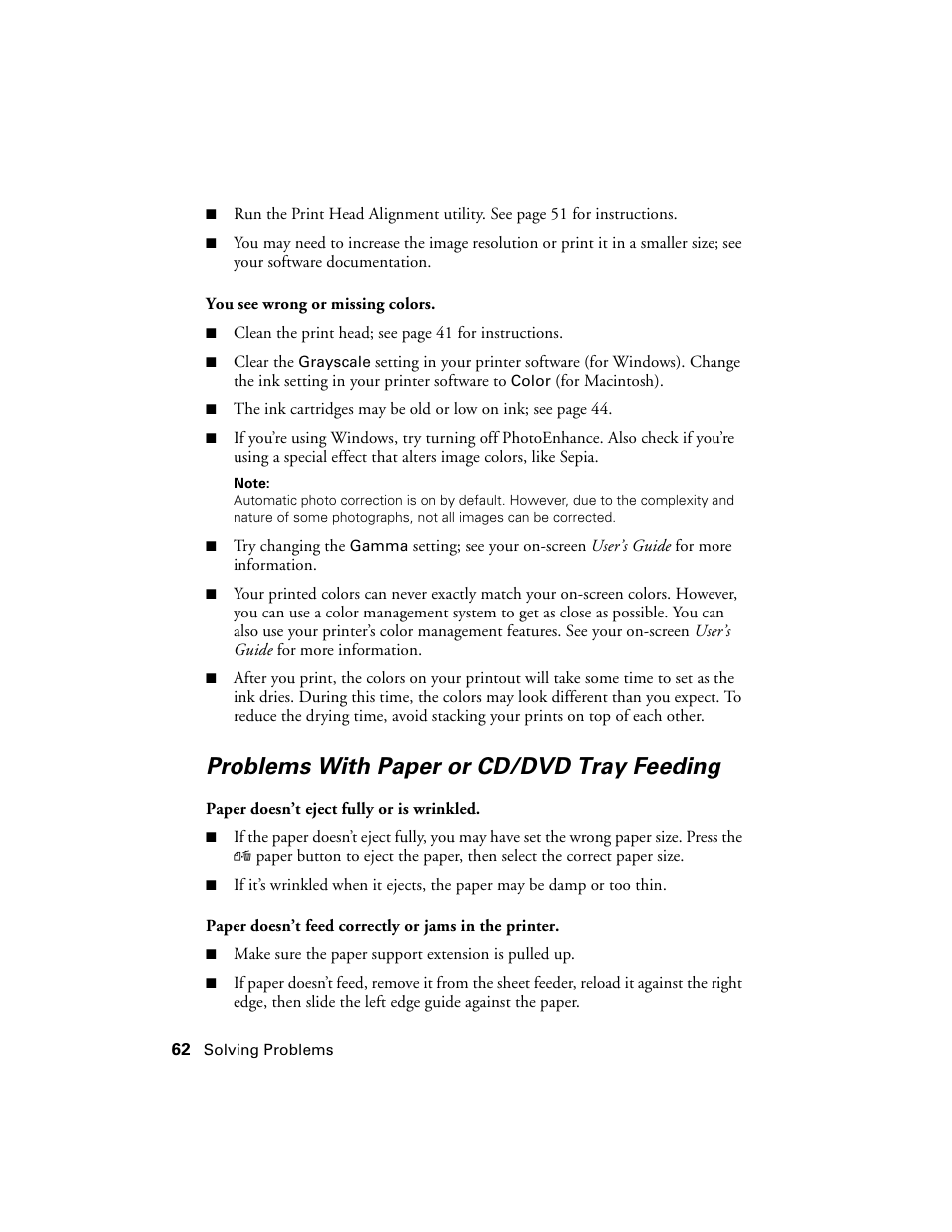 Problems with paper or cd/dvd tray feeding | Epson Ultra Hi-Definition Photo Printer R260 User Manual | Page 62 / 82