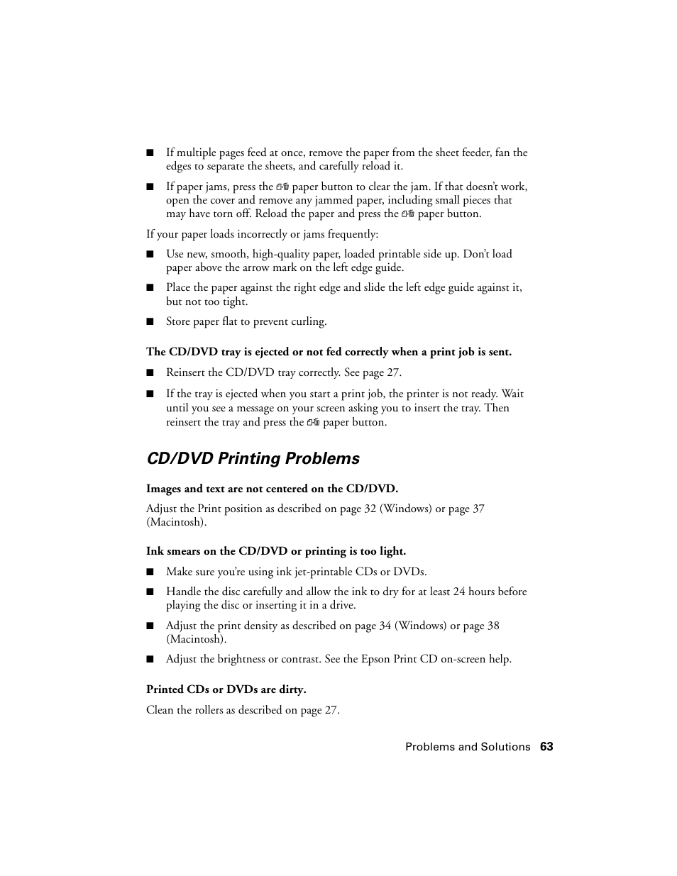 Cd/dvd printing problems | Epson Ultra Hi-Definition Photo Printer R260 User Manual | Page 63 / 82