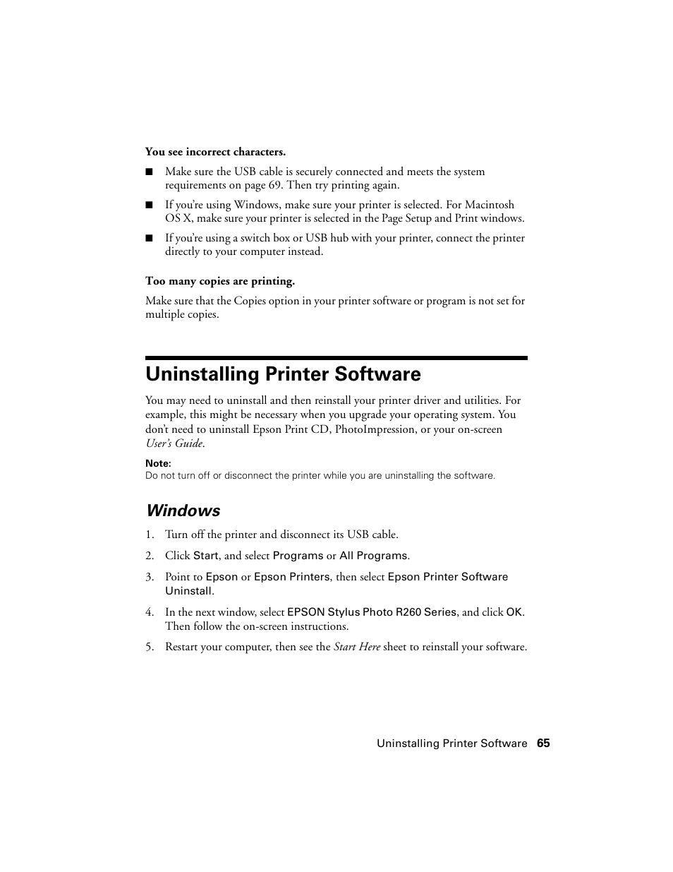 Uninstalling printer software, Windows | Epson Ultra Hi-Definition Photo Printer R260 User Manual | Page 65 / 82