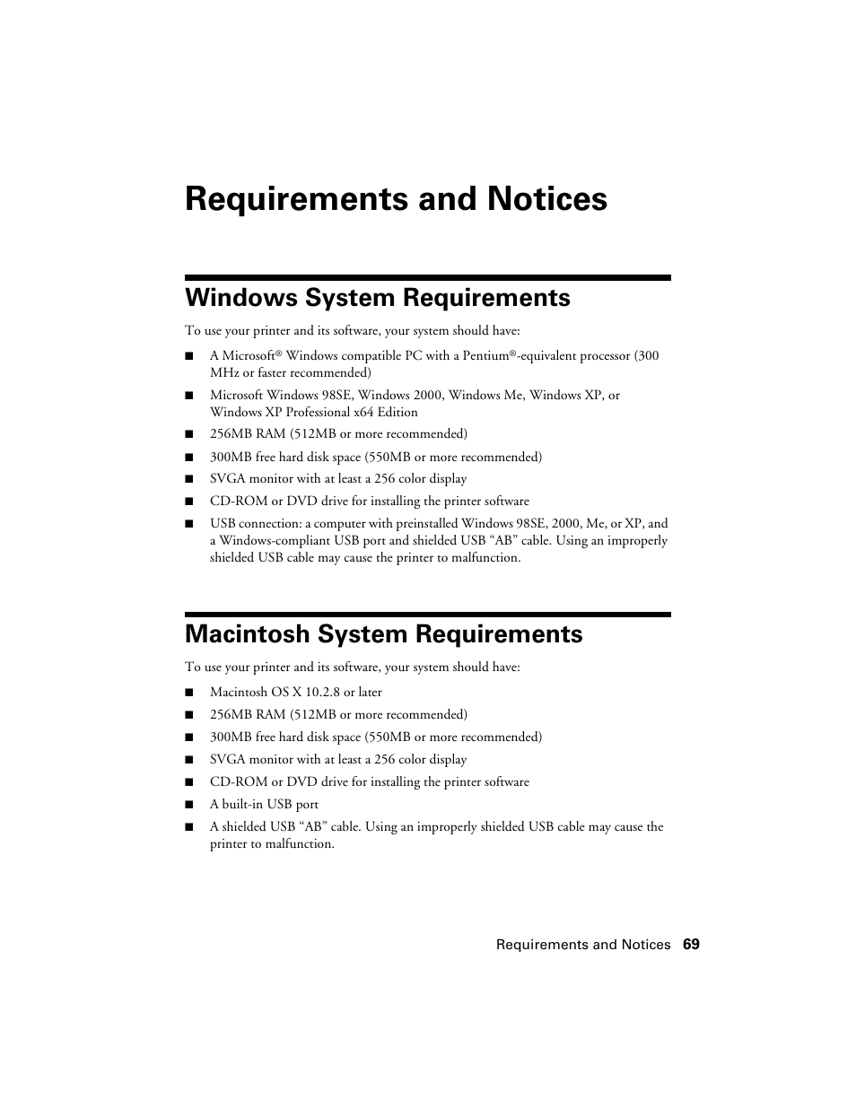Requirements and notices, Windows system requirements, Macintosh system requirements | Epson Ultra Hi-Definition Photo Printer R260 User Manual | Page 69 / 82