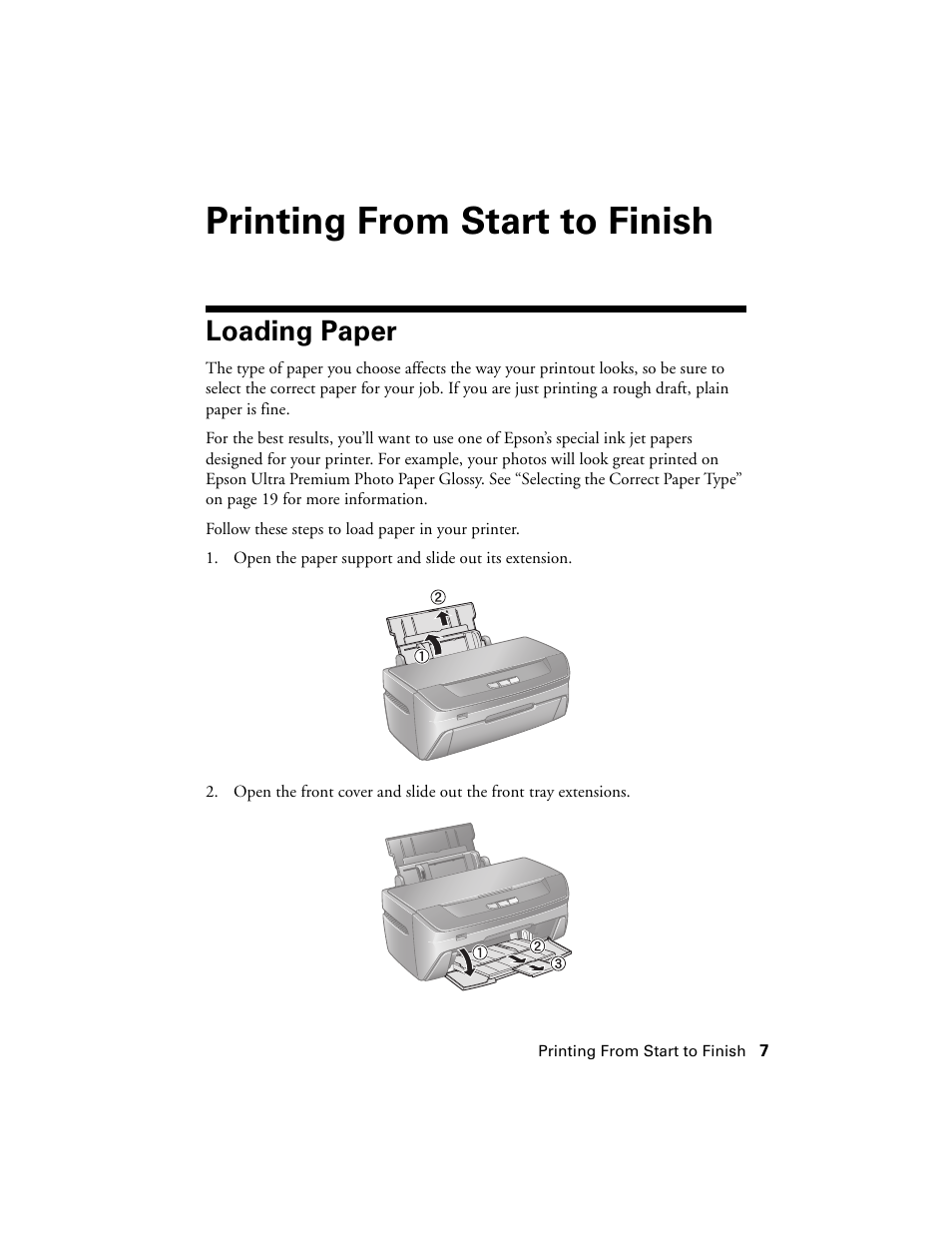 Printing from start to finish, Loading paper | Epson Ultra Hi-Definition Photo Printer R260 User Manual | Page 7 / 82
