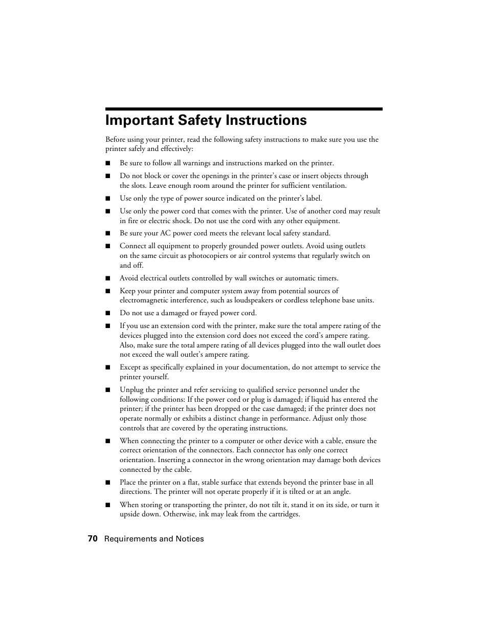 Important safety instructions | Epson Ultra Hi-Definition Photo Printer R260 User Manual | Page 70 / 82