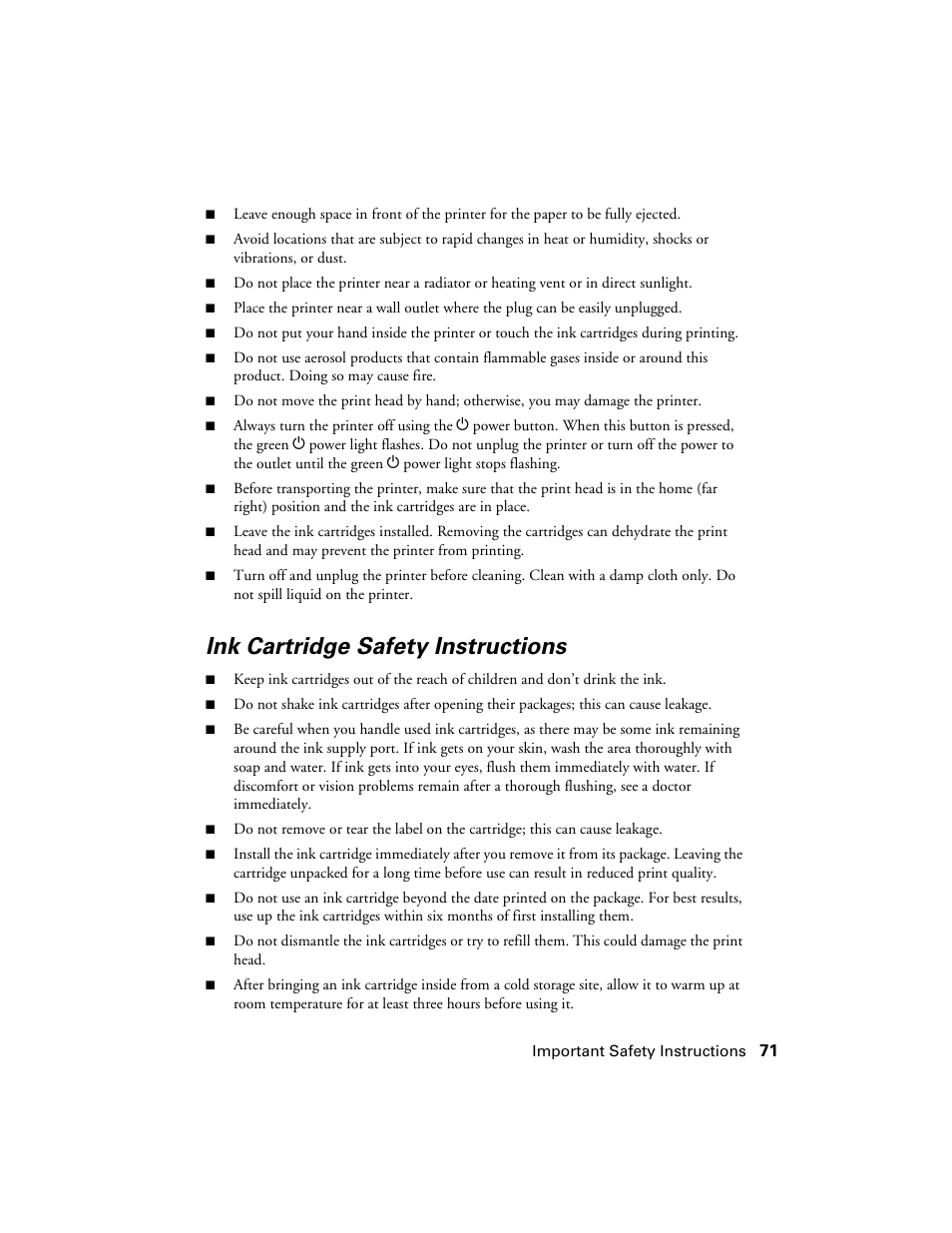 Ink cartridge safety instructions | Epson Ultra Hi-Definition Photo Printer R260 User Manual | Page 71 / 82