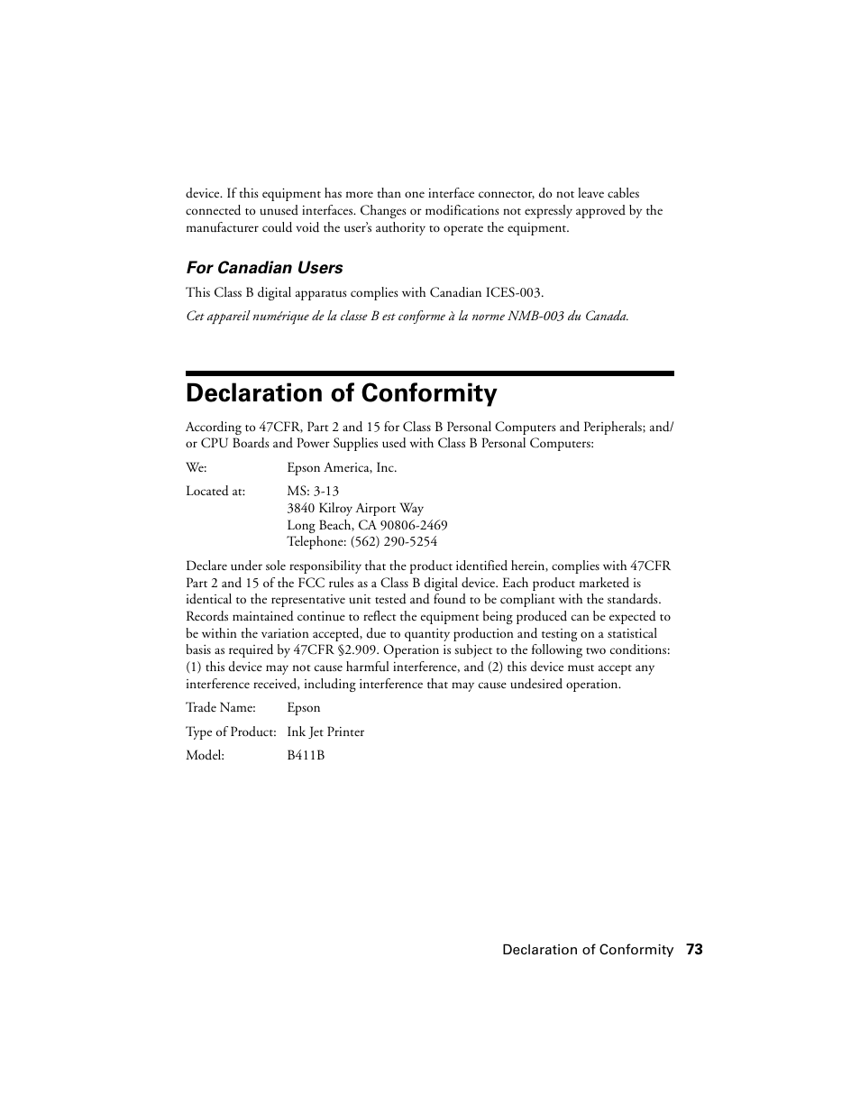 Declaration of conformity | Epson Ultra Hi-Definition Photo Printer R260 User Manual | Page 73 / 82