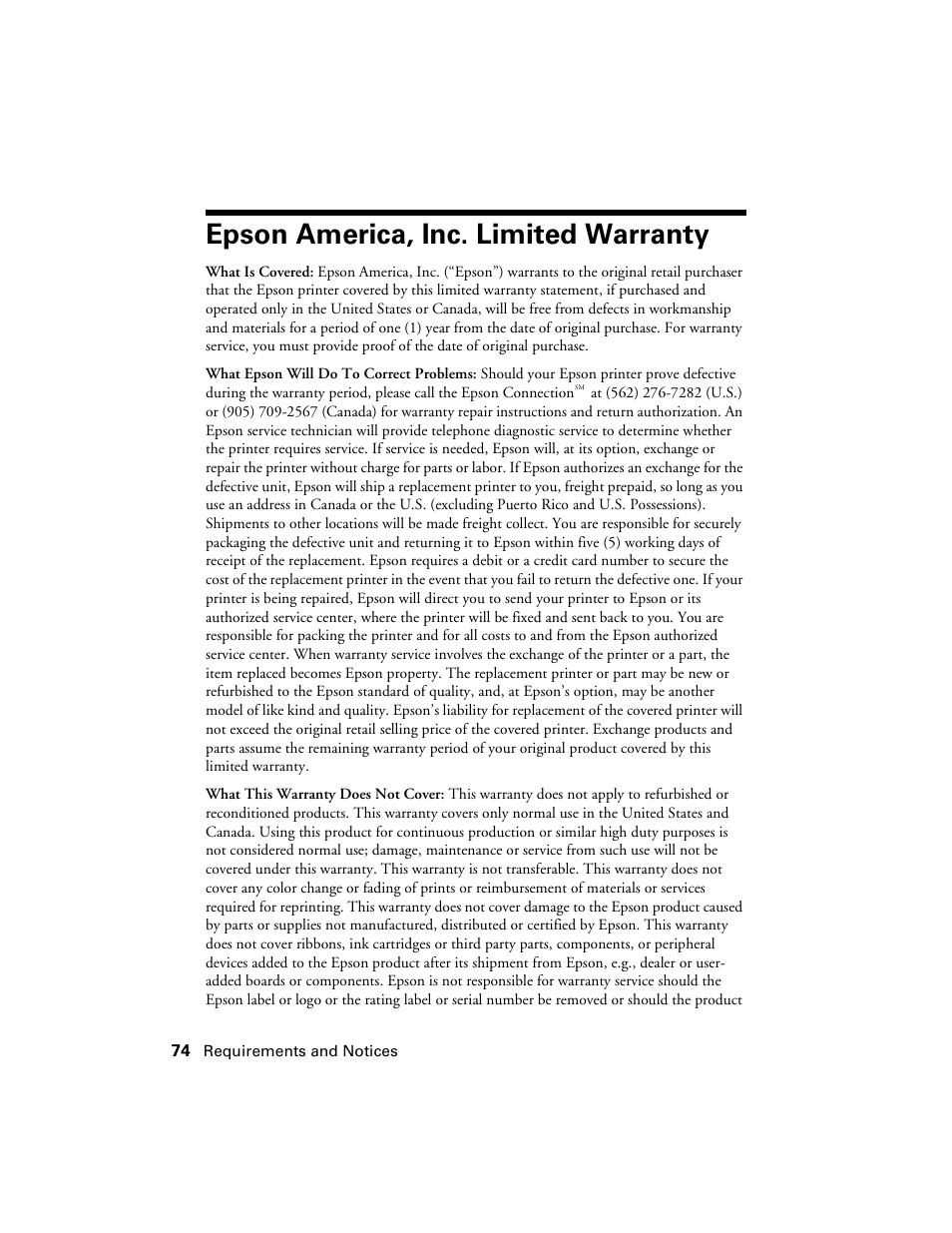Epson america, inc. limited warranty, Warranty | Epson Ultra Hi-Definition Photo Printer R260 User Manual | Page 74 / 82