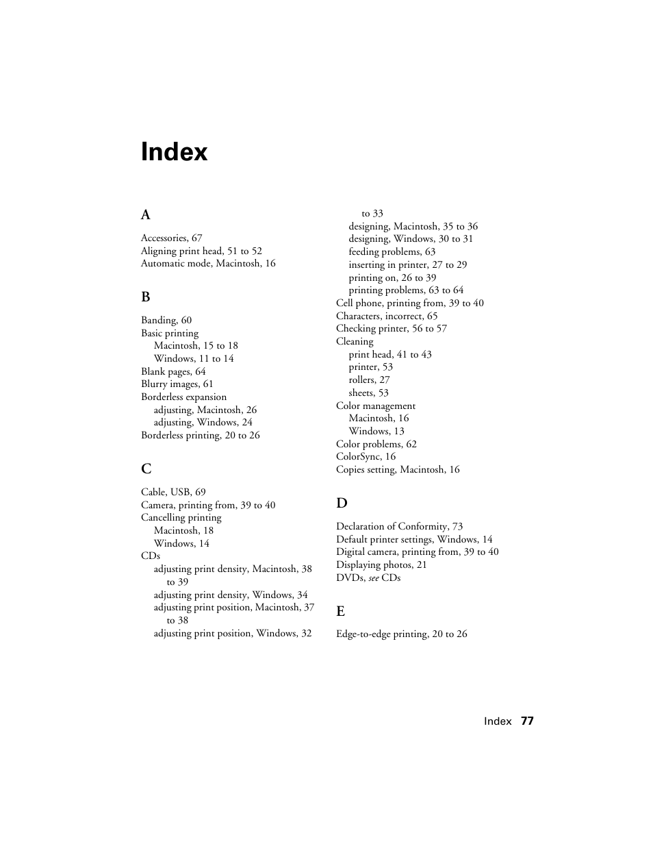 Index | Epson Ultra Hi-Definition Photo Printer R260 User Manual | Page 77 / 82