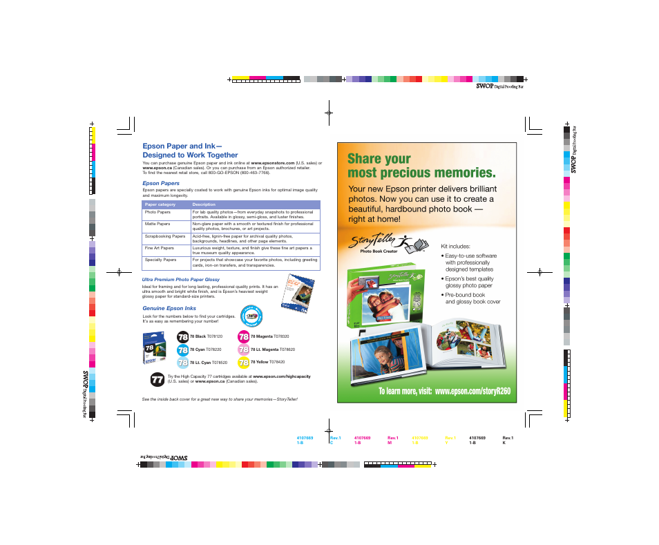 Epson paper and ink — designed to work together, Epson paper and ink— designed to work together, Epson papers | Genuine epson inks | Epson Ultra Hi-Definition Photo Printer R260 User Manual | Page 81 / 82