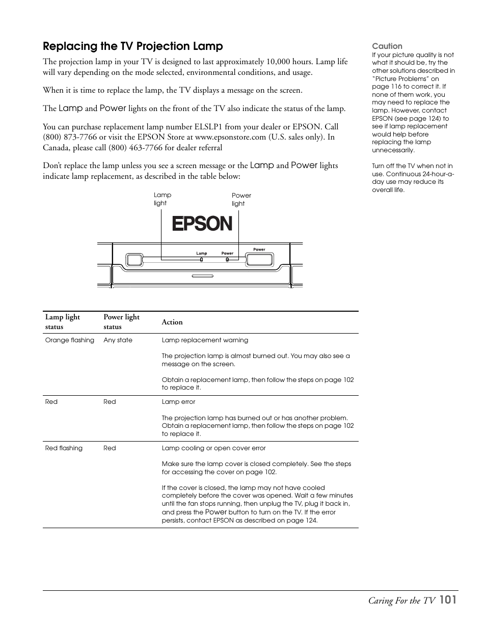 Replacing the tv projection lamp, 101 replacing the tv projection lamp, Caring for the tv | Epson LS57P1 User Manual | Page 101 / 138