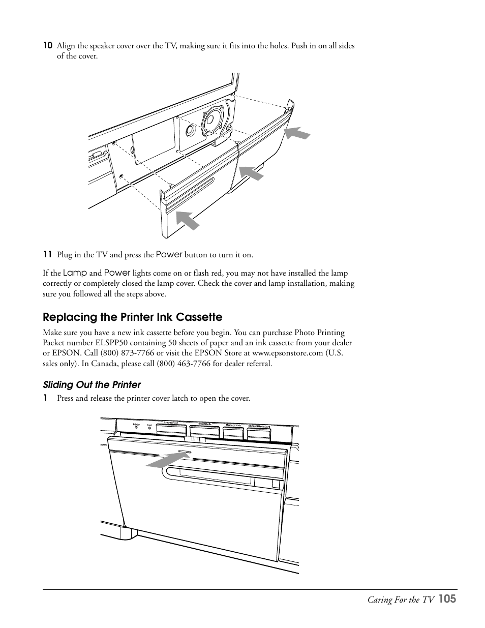 Replacing the printer ink cassette, Sliding out the printer | Epson LS57P1 User Manual | Page 105 / 138