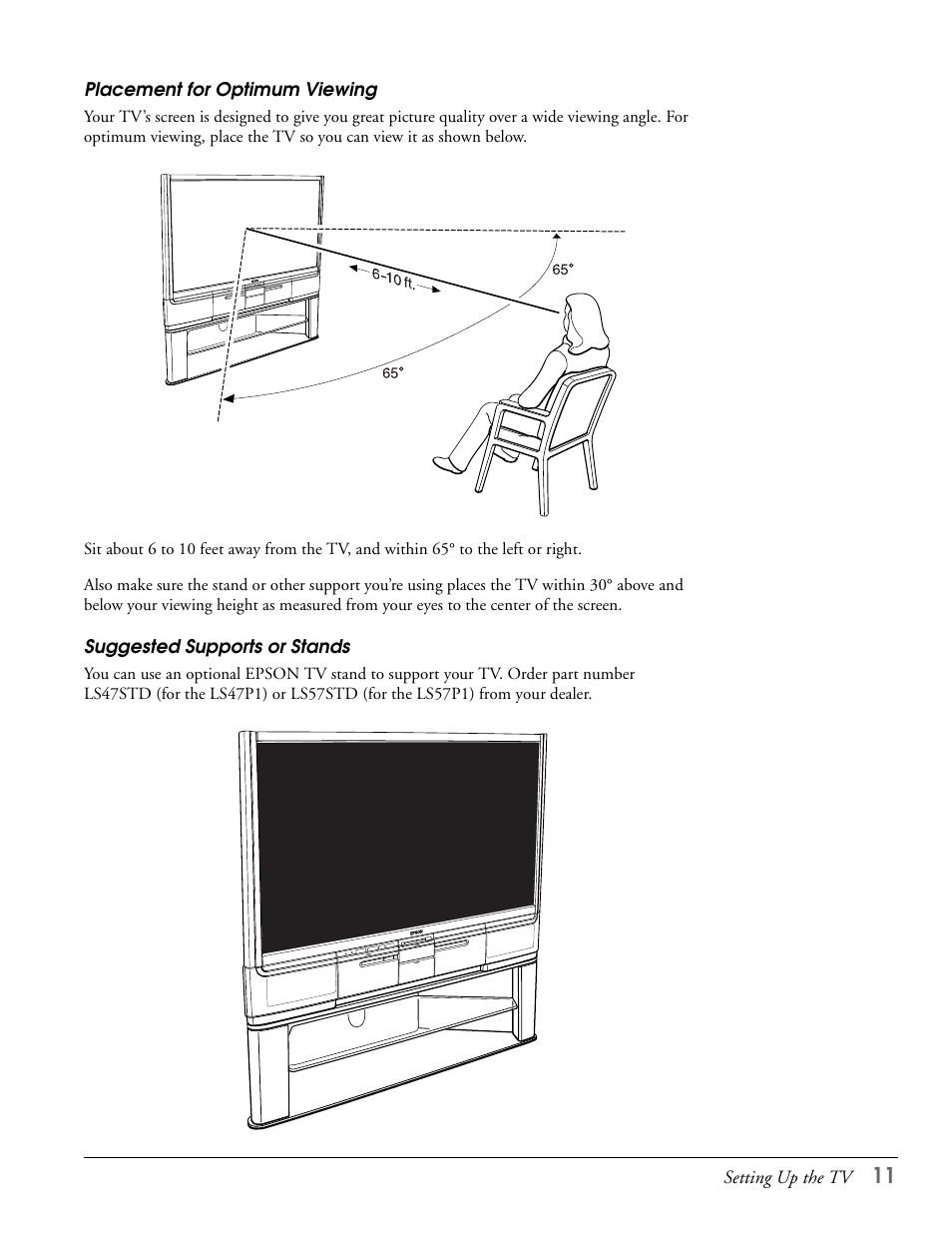Placement for optimum viewing, Suggested supports or stands | Epson LS57P1 User Manual | Page 11 / 138
