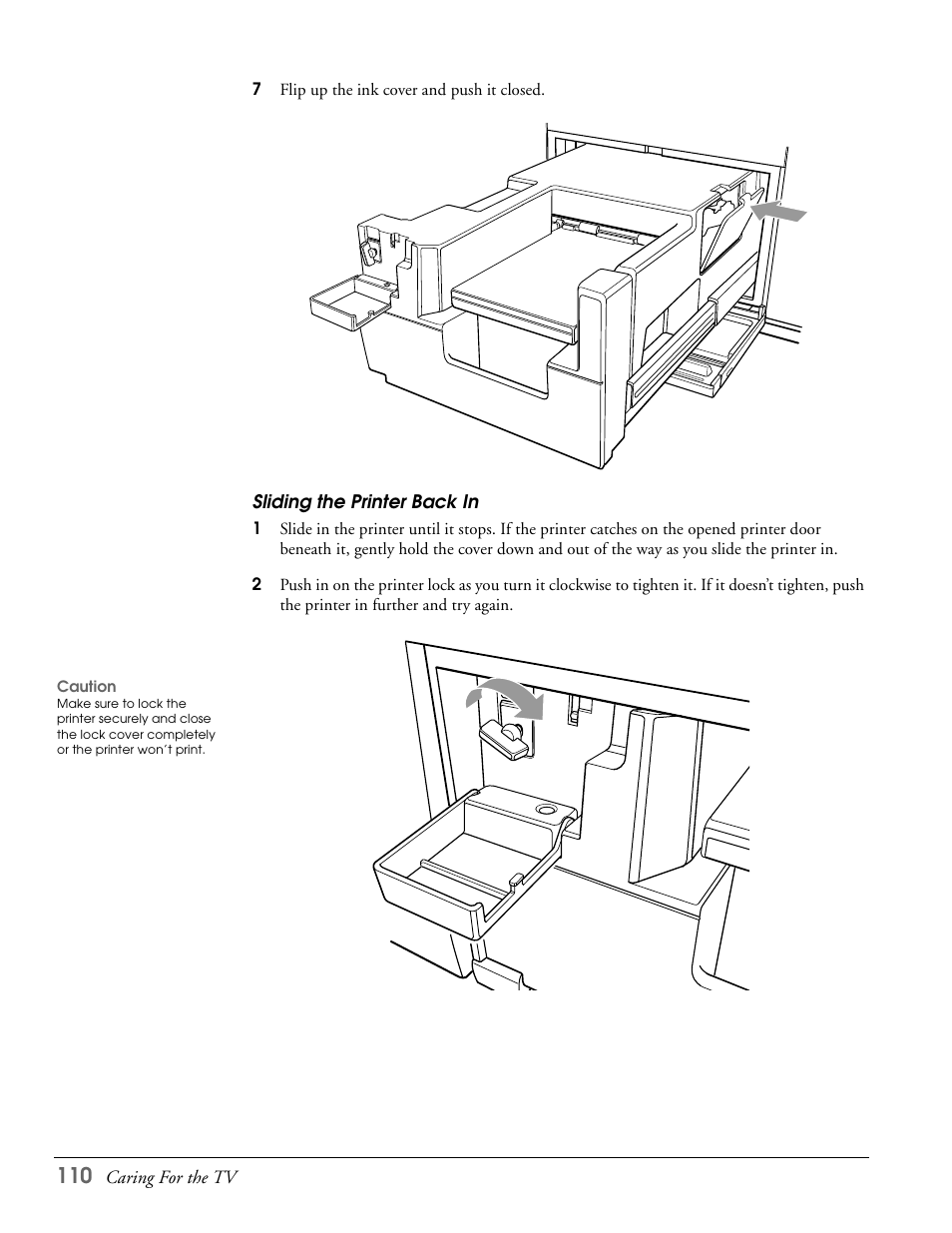 Sliding the printer back in | Epson LS57P1 User Manual | Page 110 / 138
