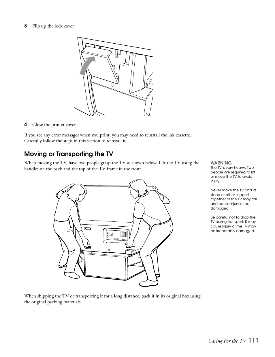 Moving or transporting the tv | Epson LS57P1 User Manual | Page 111 / 138
