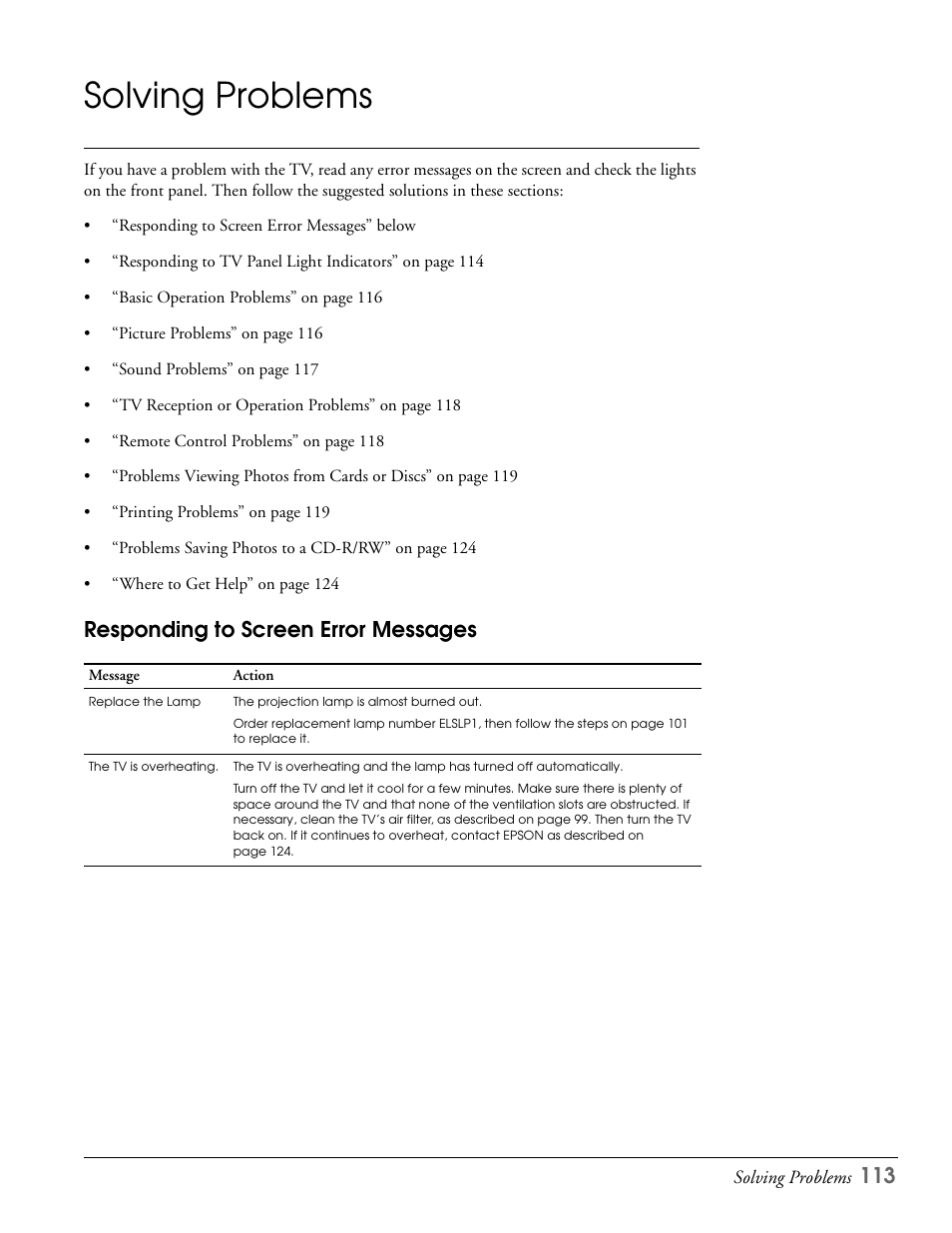 Solving problems, Responding to screen error messages | Epson LS57P1 User Manual | Page 113 / 138
