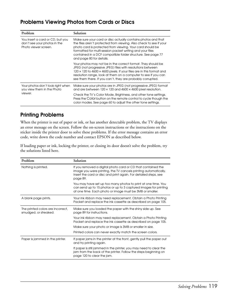 Problems viewing photos from cards or discs, Printing problems, Solving problems | Epson LS57P1 User Manual | Page 119 / 138