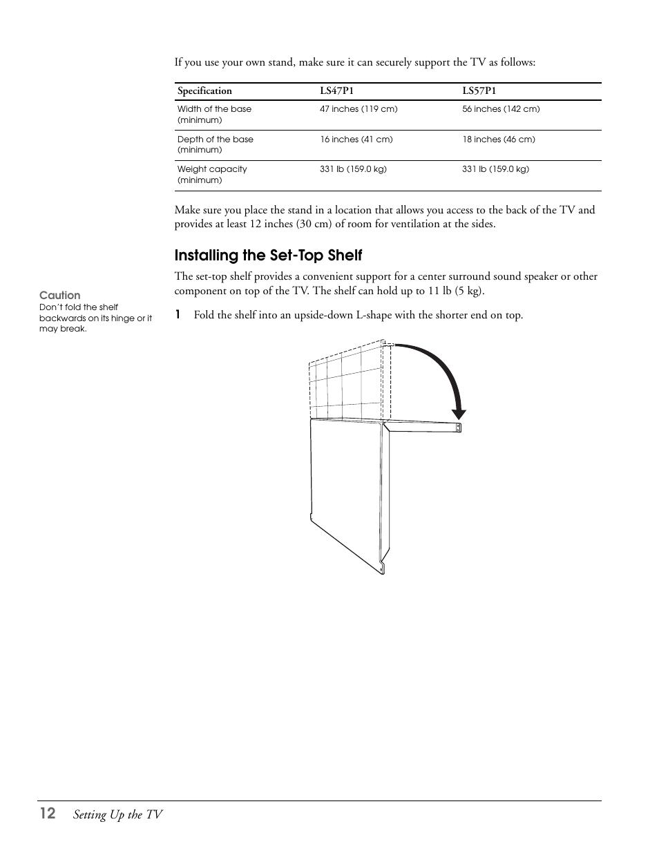 Installing the set-top shelf | Epson LS57P1 User Manual | Page 12 / 138