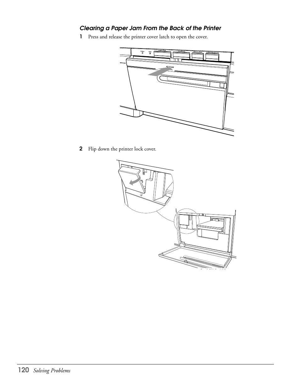 Clearing a paper jam from the back of the printer | Epson LS57P1 User Manual | Page 120 / 138