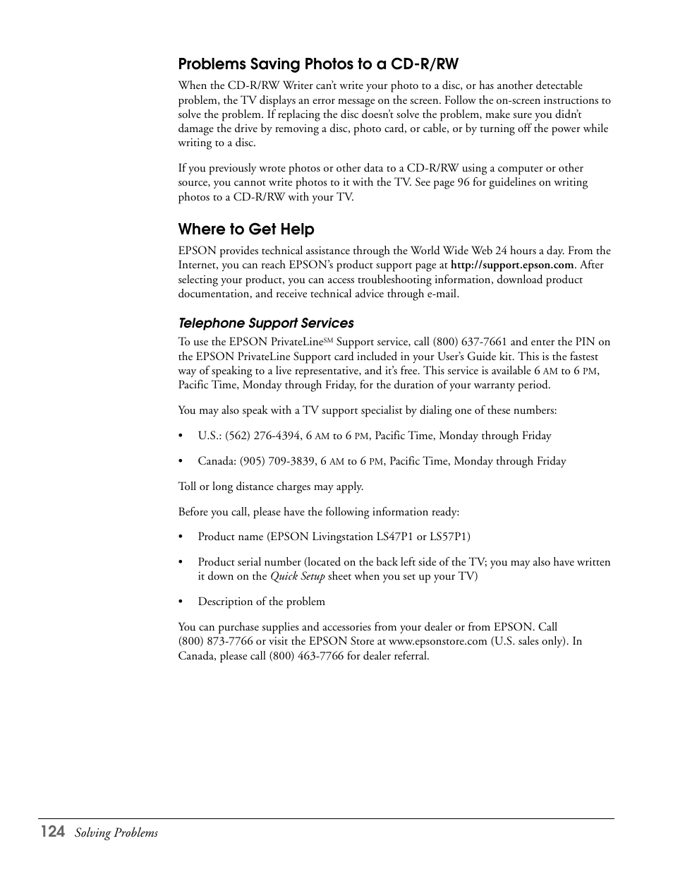 Problems saving photos to a cd-r/rw, Where to get help, Telephone support services | Epson LS57P1 User Manual | Page 124 / 138