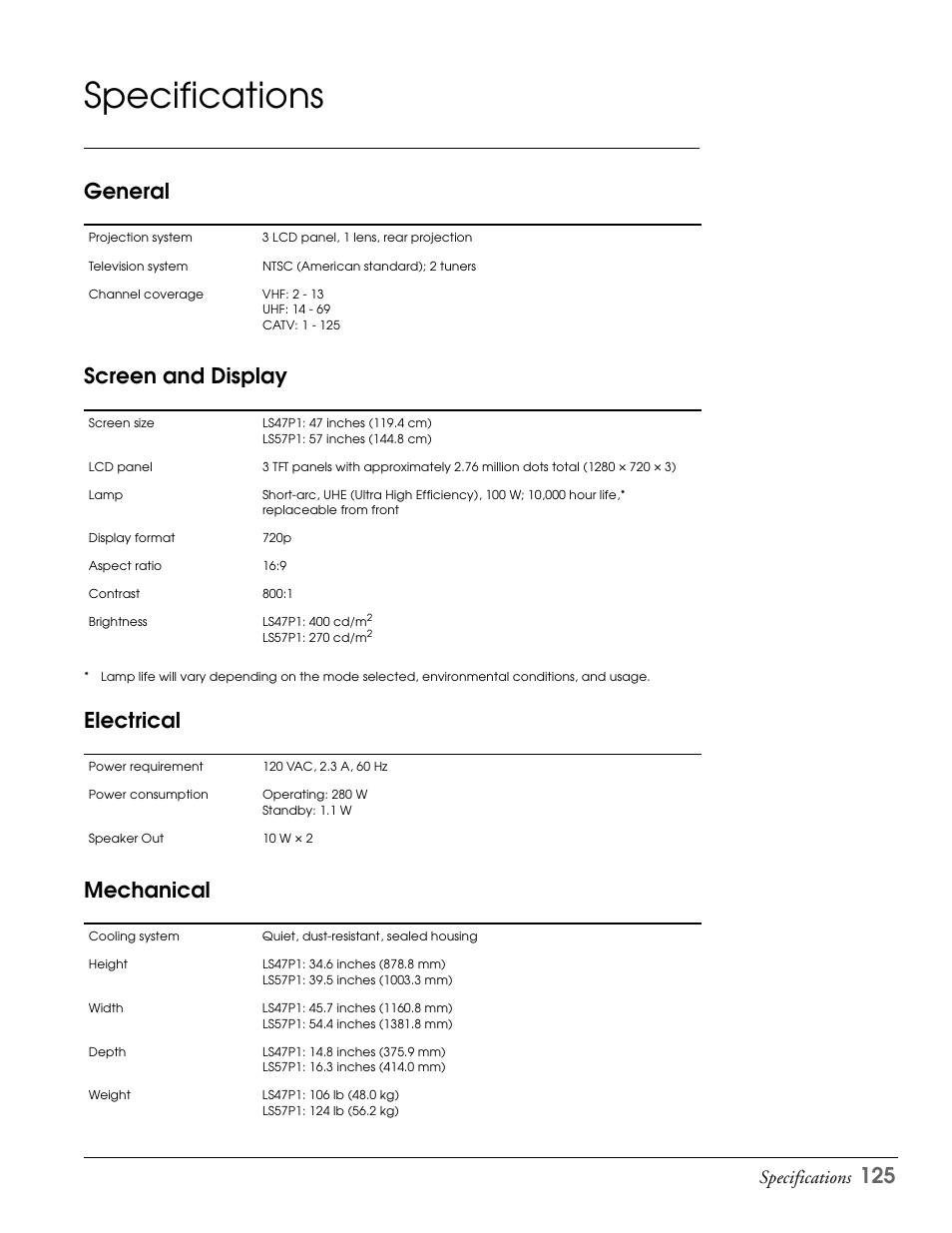 Specifications, General, Screen and display | Electrical, Mechanical, General screen and display electrical mechanical, General screen and display, Electrical mechanical | Epson LS57P1 User Manual | Page 125 / 138